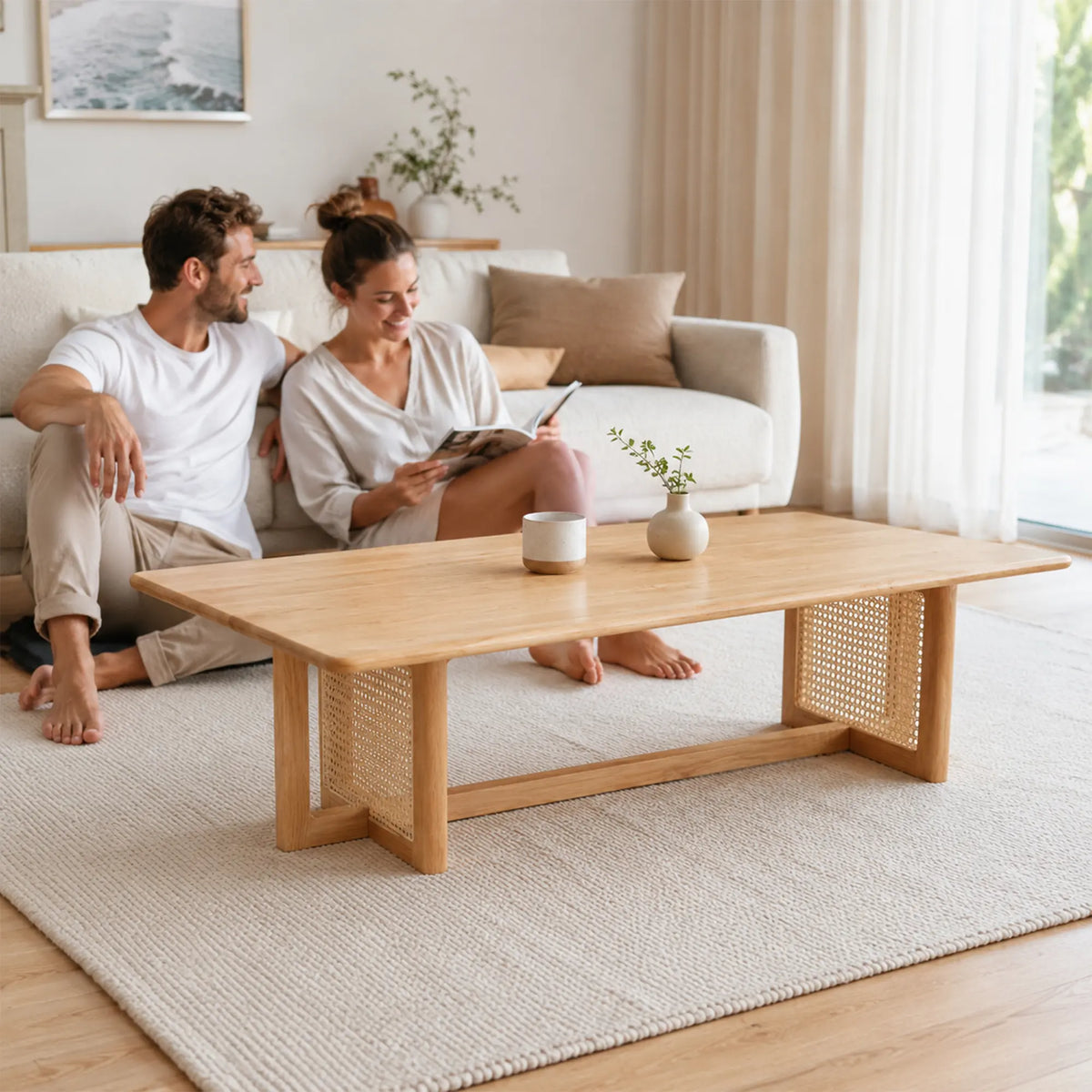 LIVARA Red Oak Rattan Coffee Table FAS Grade Solid Wood Handwoven Natural Rattan for Living Room Lounge Reception Area