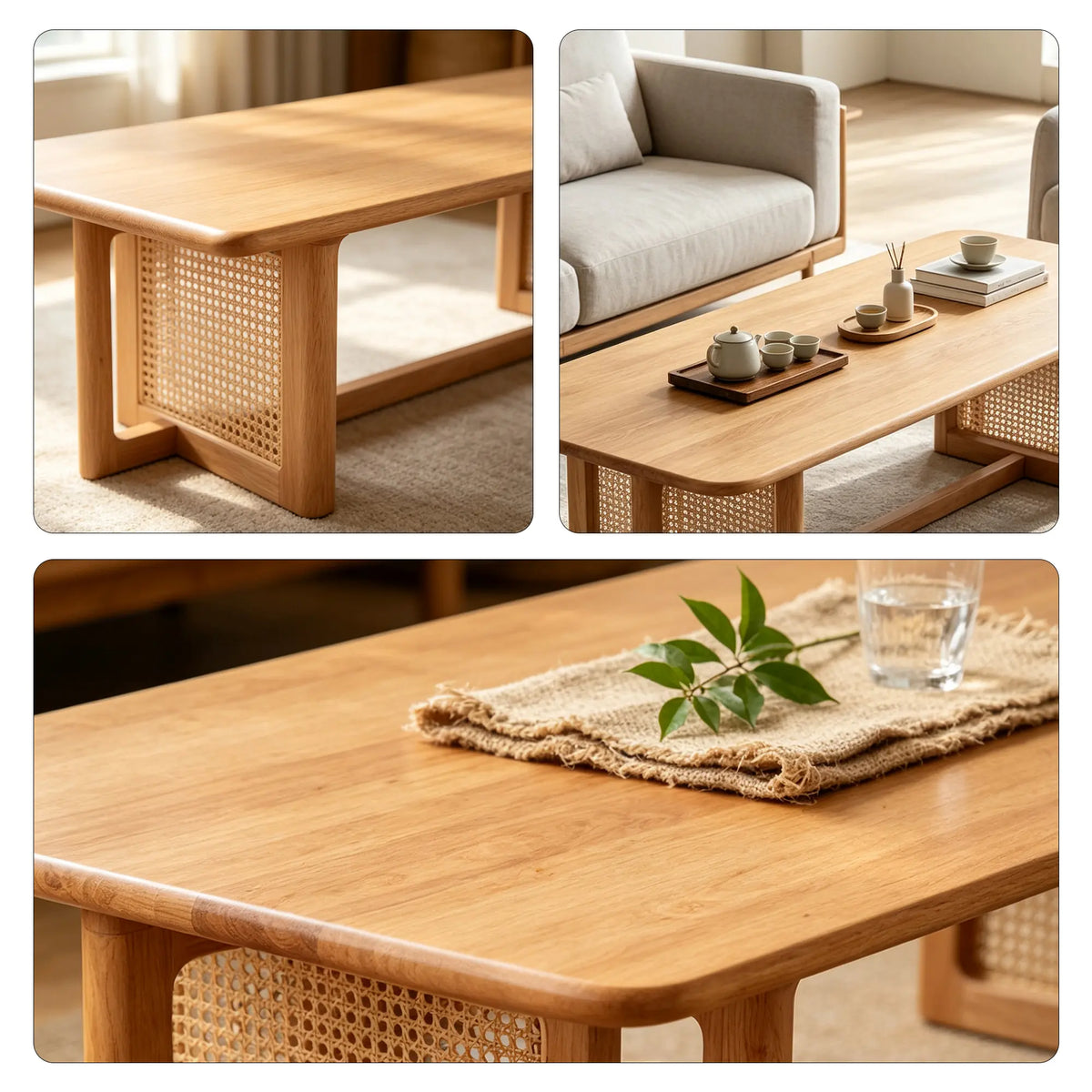 LIVARA Red Oak Rattan Coffee Table FAS Grade Solid Wood Handwoven Natural Rattan for Living Room Lounge Reception Area