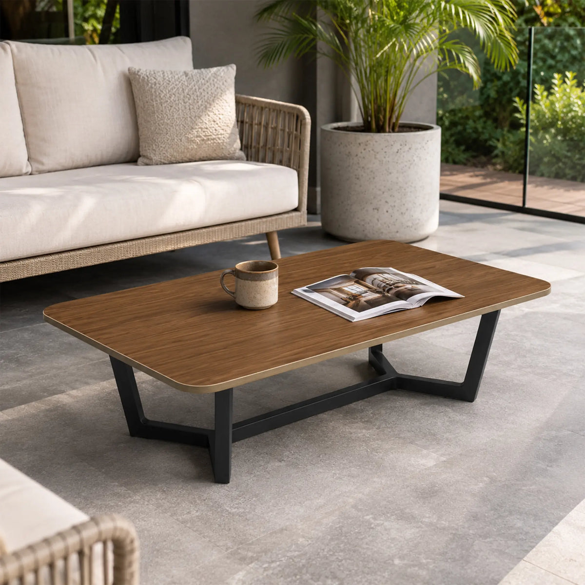 LIVARA Sintered Stone Coffee Table Wood Grain Top Carbon Steel Frame Fully Assembled for Living Room Sofa Area Lounge - Walnut