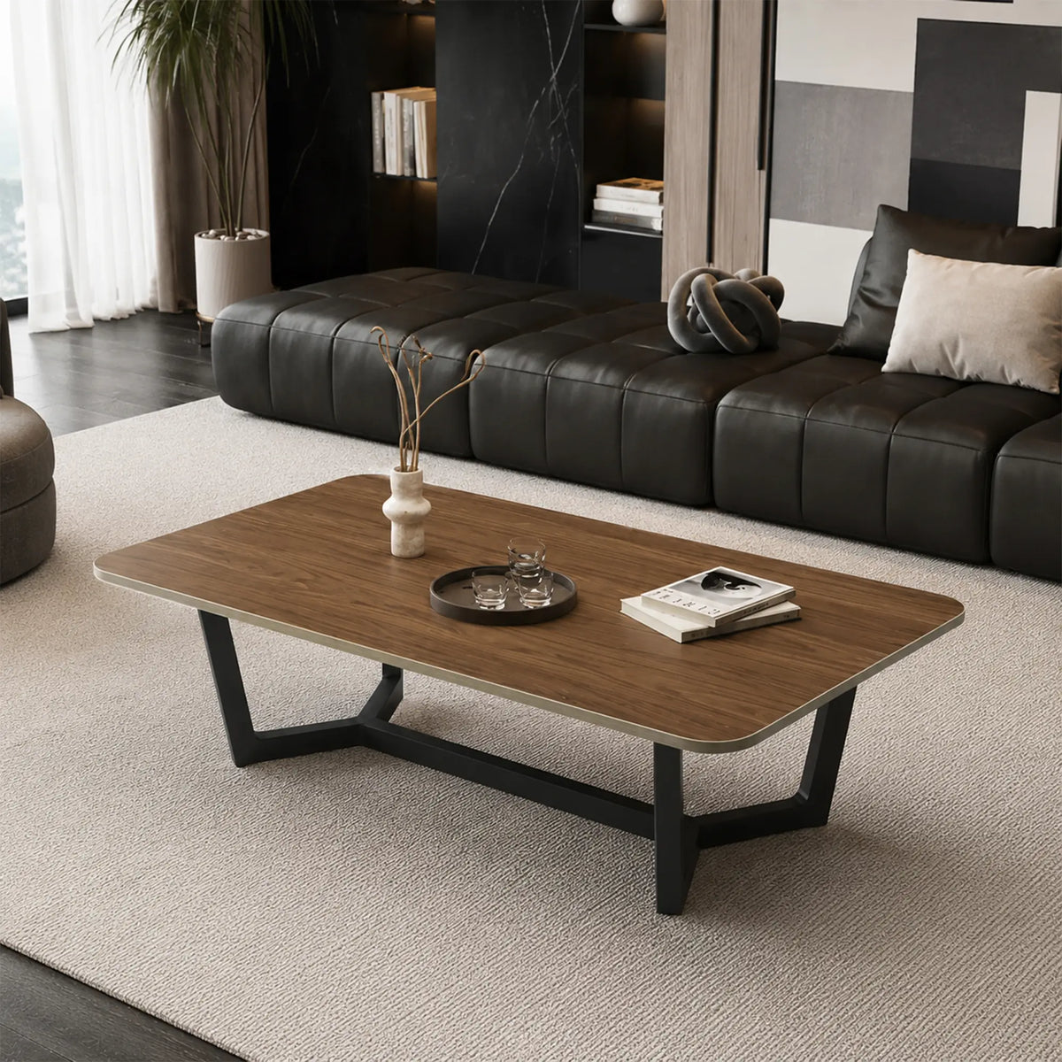 LIVARA Sintered Stone Coffee Table Wood Grain Top Carbon Steel Frame Fully Assembled for Living Room Sofa Area Lounge - Walnut