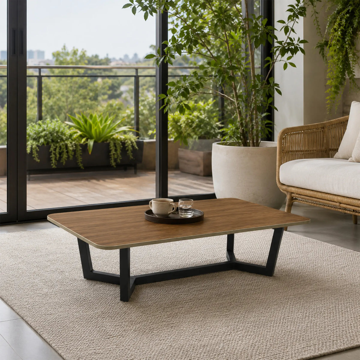 LIVARA Sintered Stone Coffee Table Wood Grain Top Carbon Steel Frame Fully Assembled for Living Room Sofa Area Lounge - Walnut