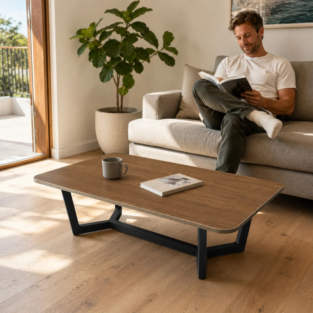 LIVARA Sintered Stone Coffee Table Wood Grain Top Carbon Steel Frame Fully Assembled for Living Room Sofa Area Lounge - Walnut