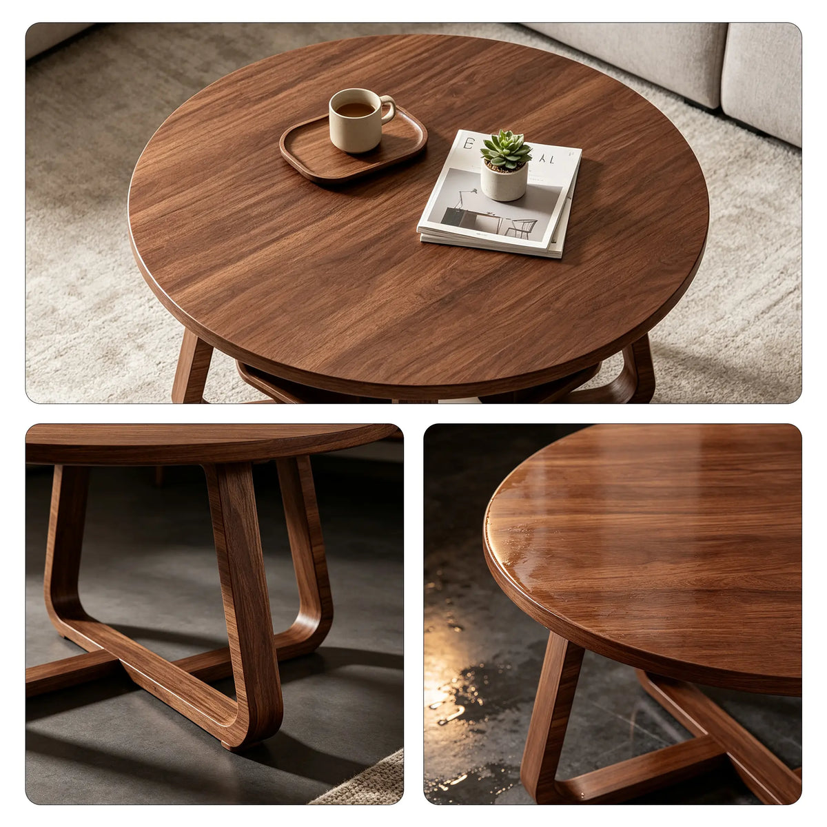 LIVARA Round Sintered Stone Coffee Table 9mm Thick Top Solid Wood Body Rounded Edges for Living Room Sofa Area Lounge - Walnut