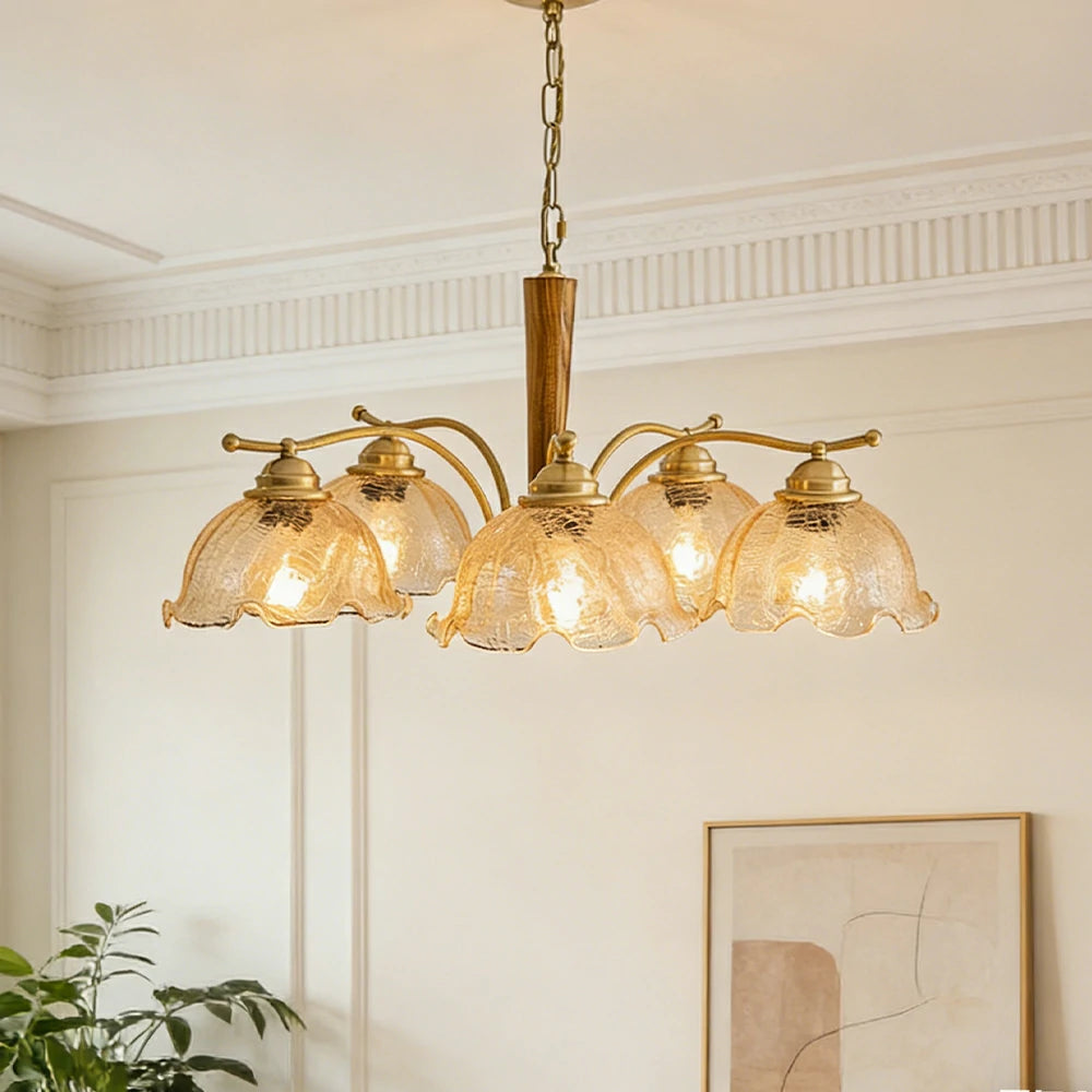 LIVARA Vintage Chandelier 5-Light Crackle Glass Shade E27 6W Warm Light Rubber Wood Frame Elegant Design for Dining Room Living Room Bedroom