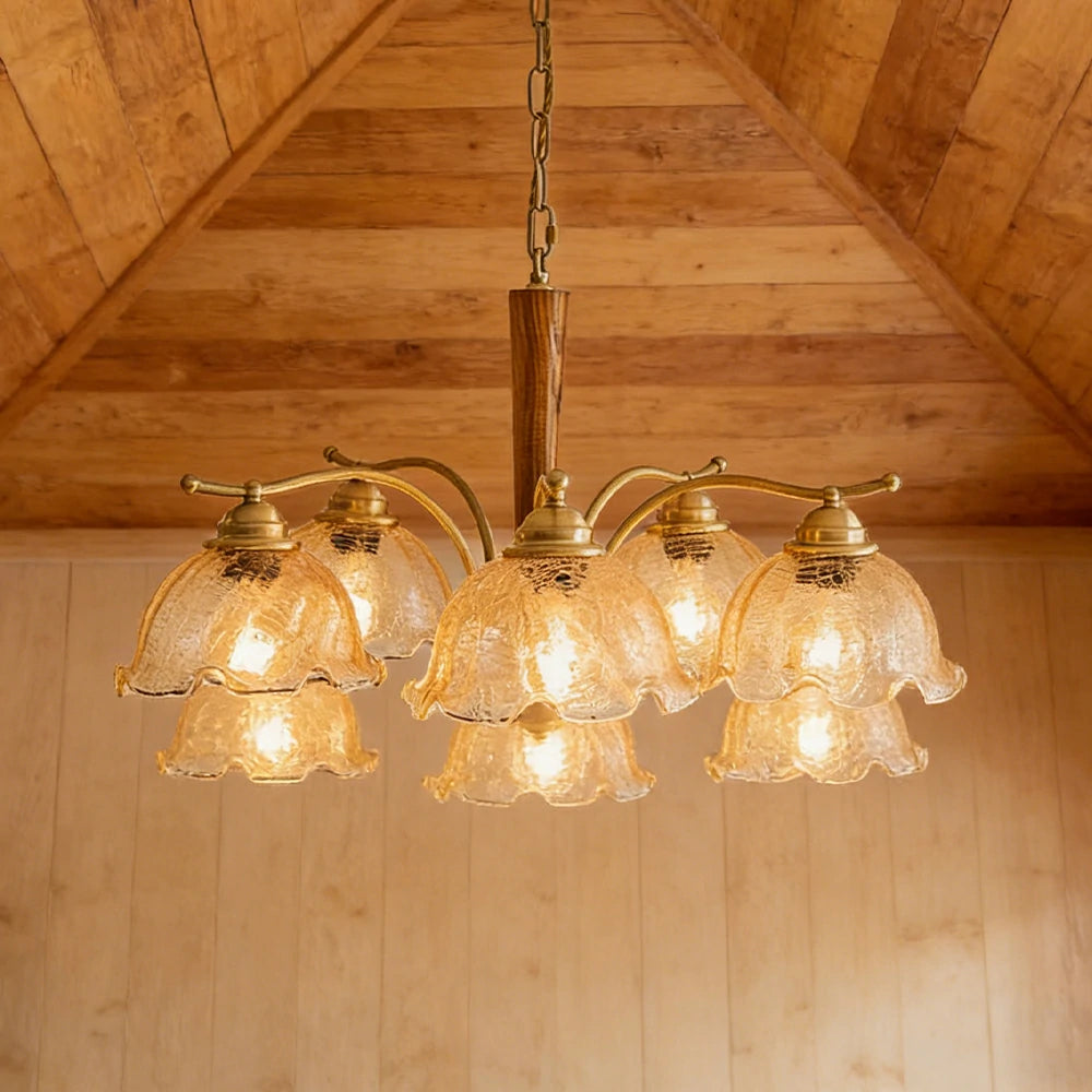 LIVARA Vintage Chandelier 5-Light Crackle Glass Shade E27 6W Warm Light Rubber Wood Frame Elegant Design for Dining Room Living Room Bedroom