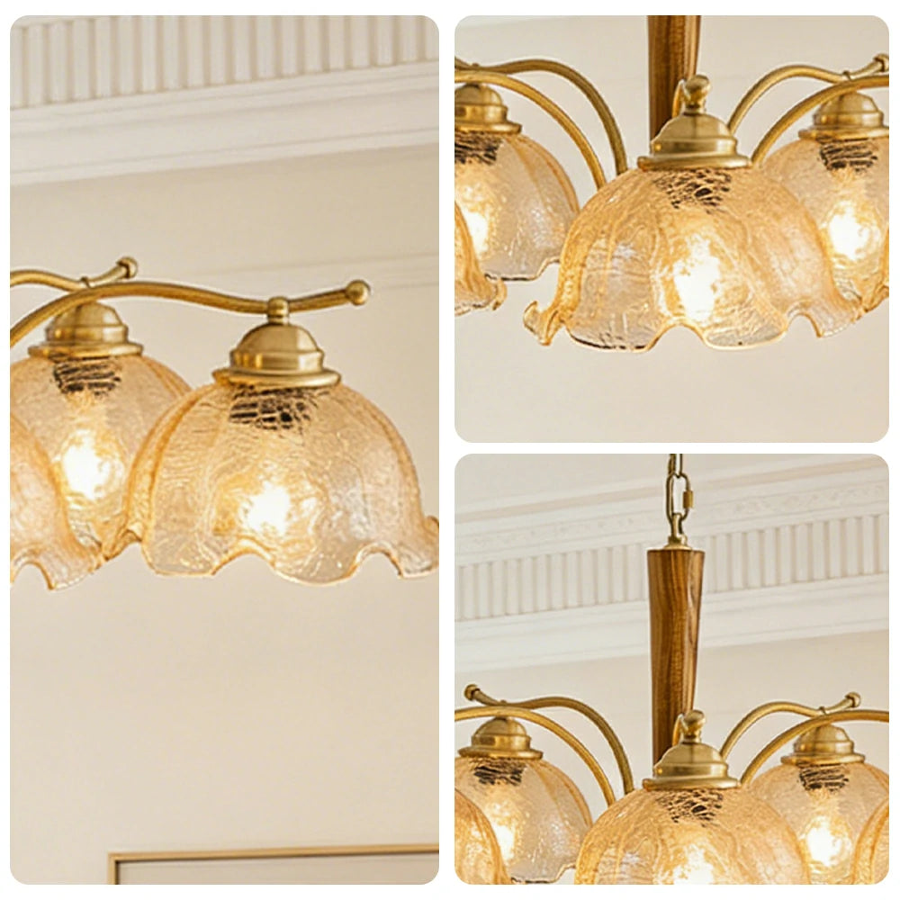LIVARA Vintage Chandelier 5-Light Crackle Glass Shade E27 6W Warm Light Rubber Wood Frame Elegant Design for Dining Room Living Room Bedroom