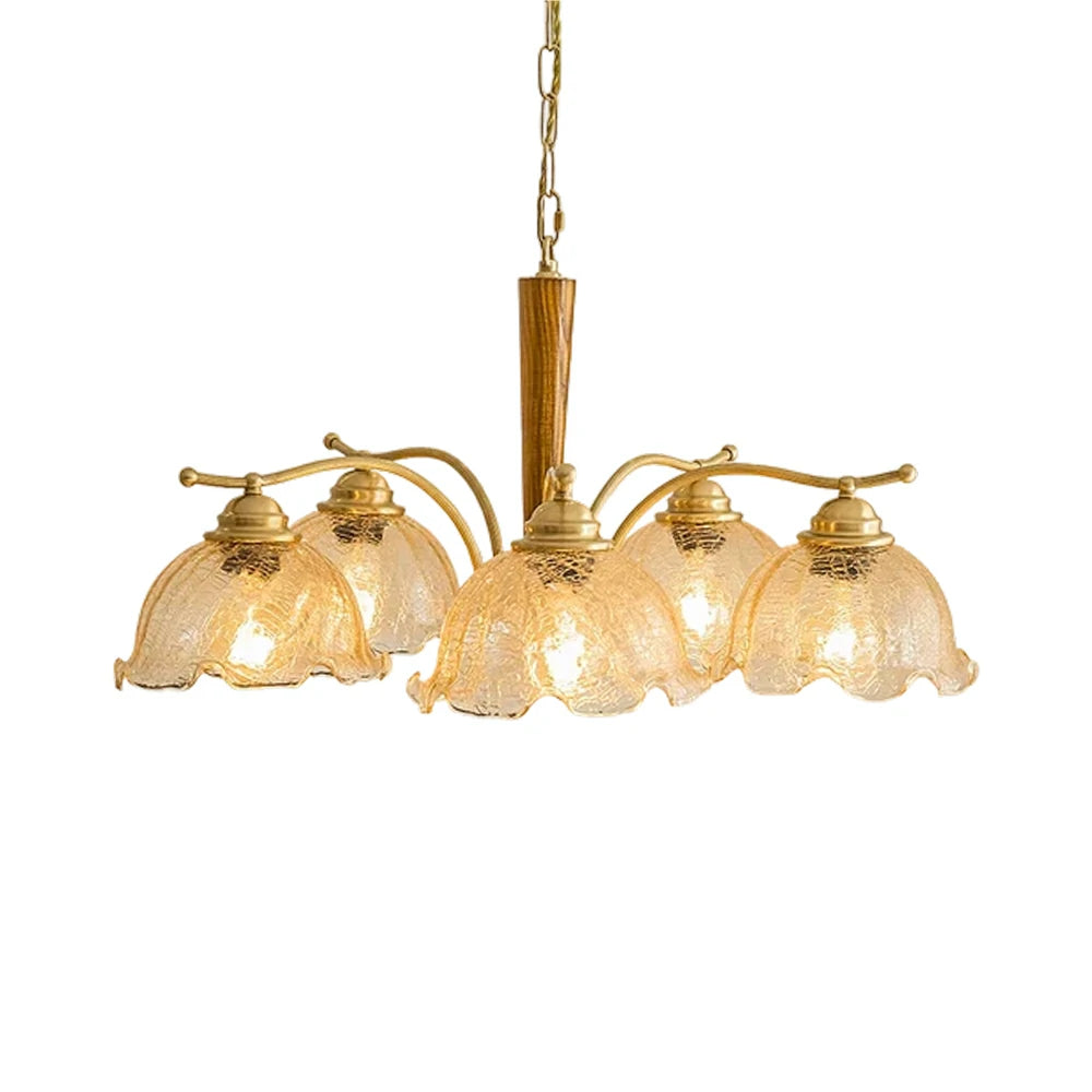 LIVARA Vintage Chandelier 5-Light Crackle Glass Shade E27 6W Warm Light Rubber Wood Frame Elegant Design for Dining Room Living Room Bedroom