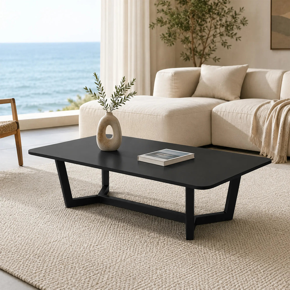 LIVARA Sintered Stone Coffee Table Wood Grain Top Carbon Steel Frame Fully Assembled for Living Room Sofa Area Lounge - Black