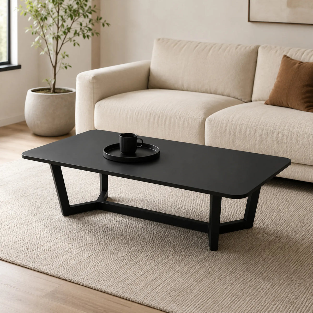 LIVARA Sintered Stone Coffee Table Wood Grain Top Carbon Steel Frame Fully Assembled for Living Room Sofa Area Lounge - Black