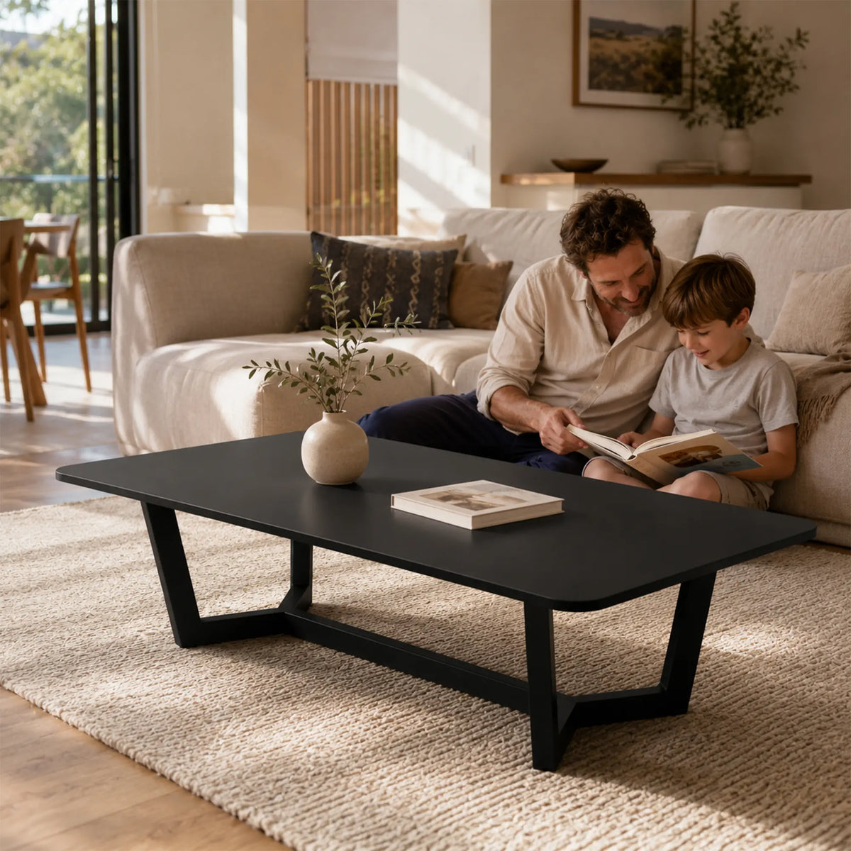 LIVARA Sintered Stone Coffee Table Wood Grain Top Carbon Steel Frame Fully Assembled for Living Room Sofa Area Lounge - Black