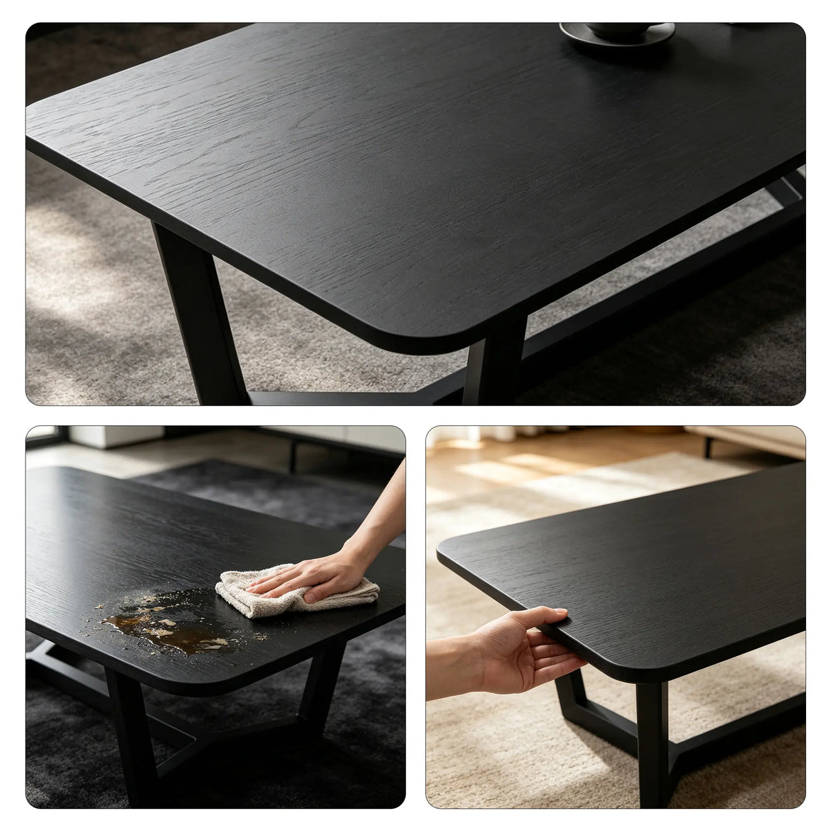 LIVARA Sintered Stone Coffee Table Wood Grain Top Carbon Steel Frame Fully Assembled for Living Room Sofa Area Lounge - Black