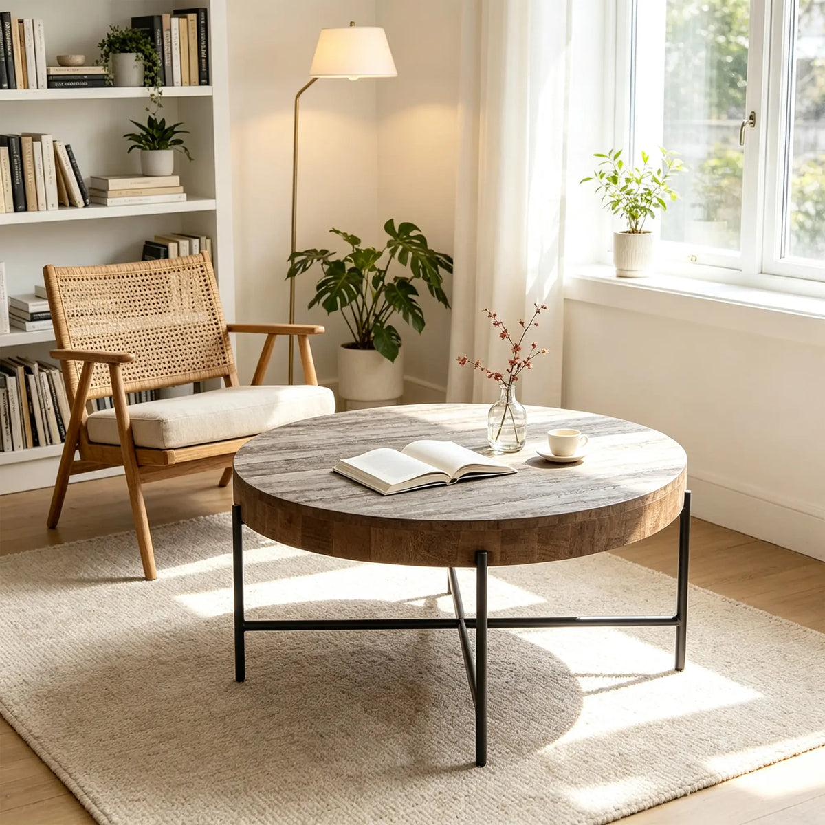 LIVARA Round Solid Wood Coffee Table Natural Pine Top Welded Iron Frame Fully Assembled for Living Room Lounge Reception Area