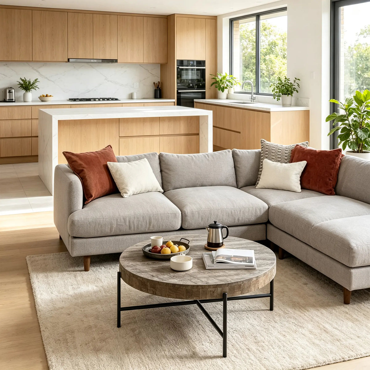 LIVARA Round Solid Wood Coffee Table Natural Pine Top Welded Iron Frame Fully Assembled for Living Room Lounge Reception Area