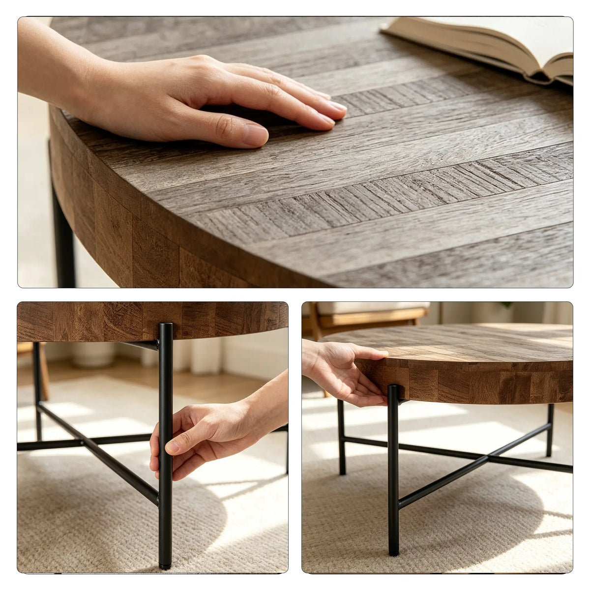 LIVARA Round Solid Wood Coffee Table Natural Pine Top Welded Iron Frame Fully Assembled for Living Room Lounge Reception Area