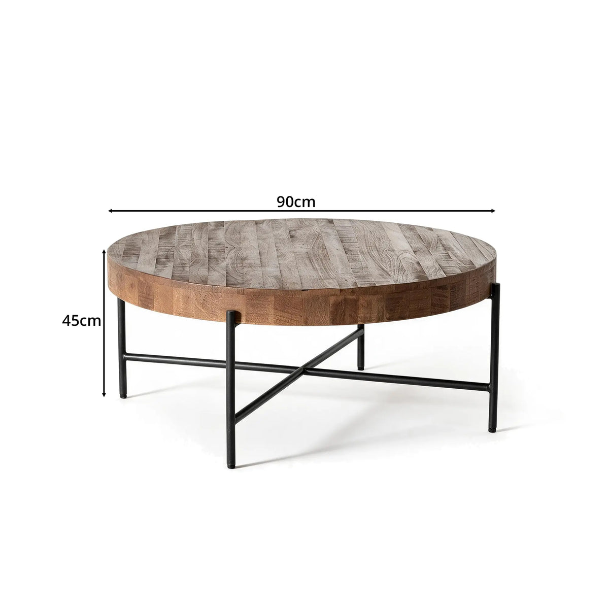 LIVARA Round Solid Wood Coffee Table Natural Pine Top Welded Iron Frame Fully Assembled for Living Room Lounge Reception Area