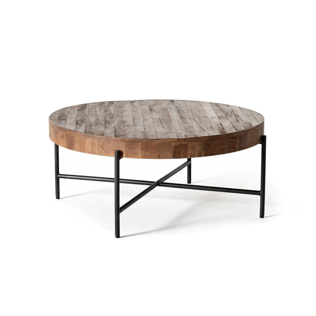 LIVARA Round Solid Wood Coffee Table Natural Pine Top Welded Iron Frame Fully Assembled for Living Room Lounge Reception Area