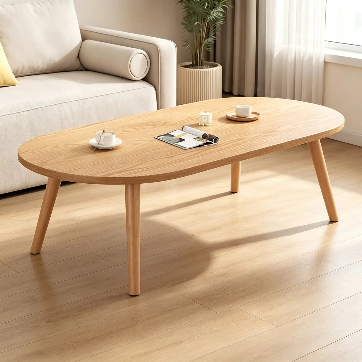 LIVARA Nordic Oval Sintered Stone Coffee Table Solid Wood Legs Curved Edges Stable Support for Living Room Sofa Area Lounge