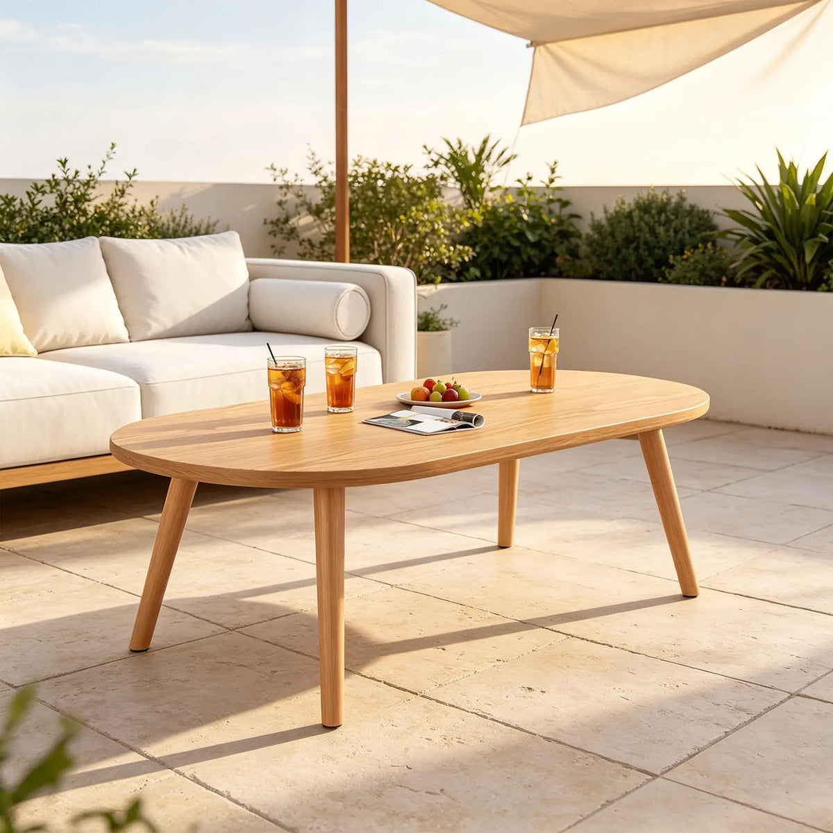LIVARA Nordic Oval Sintered Stone Coffee Table Solid Wood Legs Curved Edges Stable Support for Living Room Sofa Area Lounge