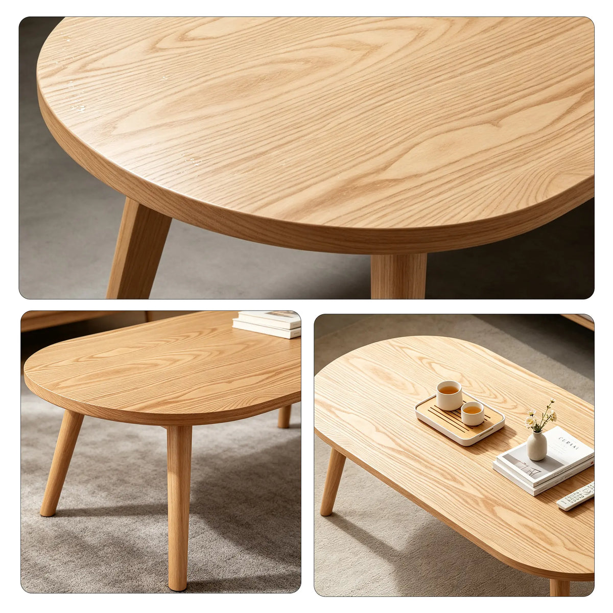LIVARA Nordic Oval Sintered Stone Coffee Table Solid Wood Legs Curved Edges Stable Support for Living Room Sofa Area Lounge