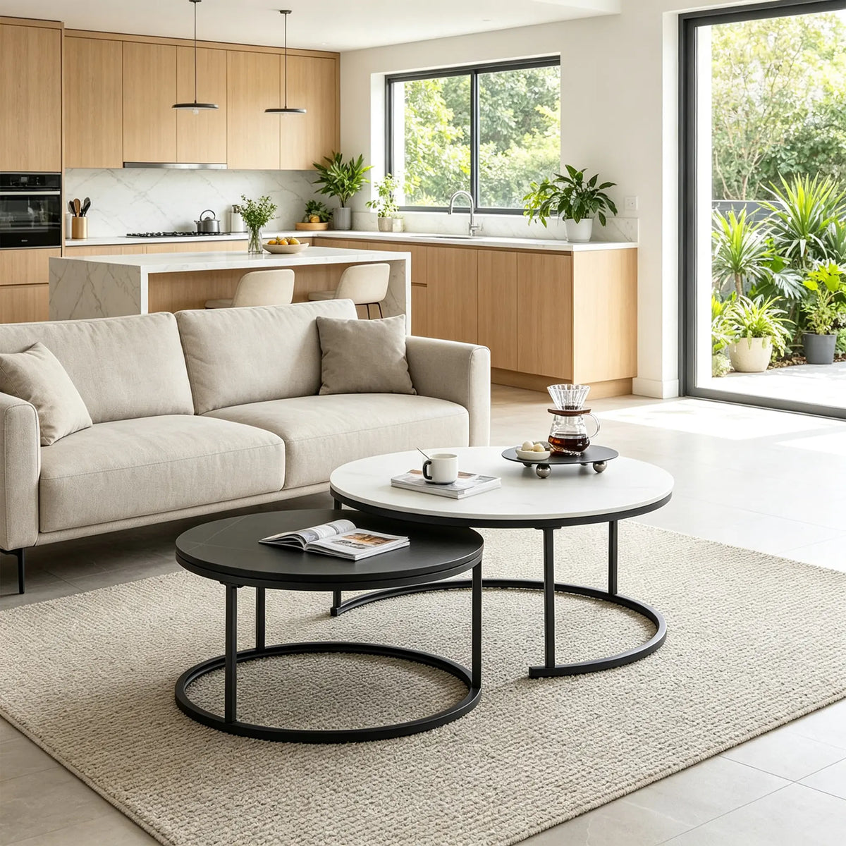 LIVARA Modern Coffee Table Set Extendable Oval Main Table Round Side Table Storage Wheels for Living Room Apartment Lounge
