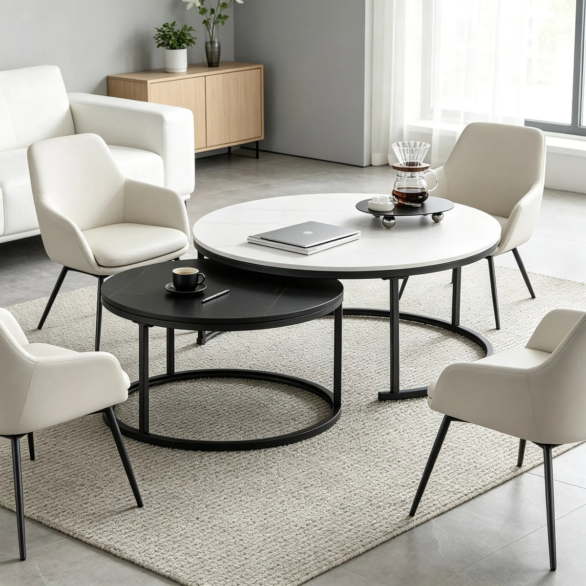 LIVARA Modern Coffee Table Set Extendable Oval Main Table Round Side Table Storage Wheels for Living Room Apartment Lounge