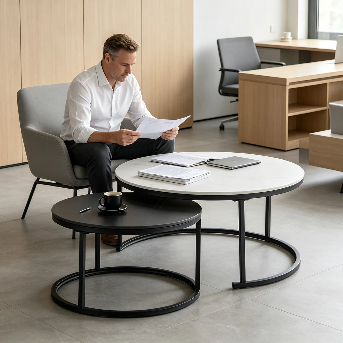 LIVARA Modern Coffee Table Set Extendable Oval Main Table Round Side Table Storage Wheels for Living Room Apartment Lounge