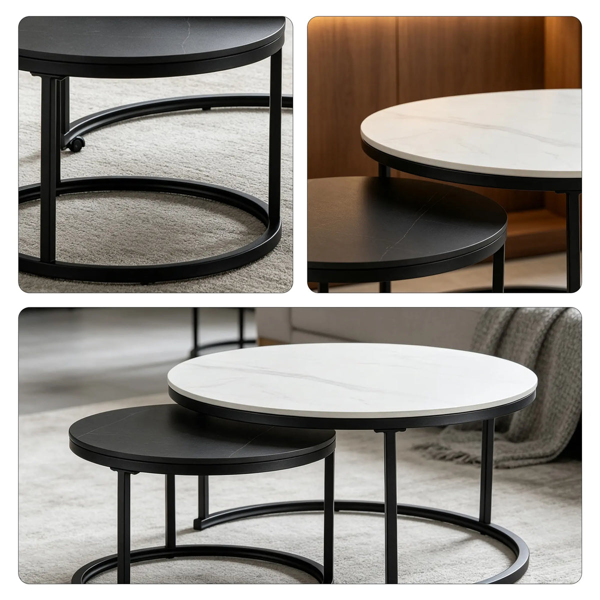 LIVARA Modern Coffee Table Set Extendable Oval Main Table Round Side Table Storage Wheels for Living Room Apartment Lounge