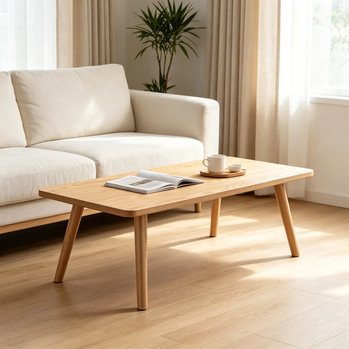 LIVARA Modern Square Coffee Table Sintered Stone Top Thick Solid Wood Legs Outward Splayed Base for Living Room Apartment Lounge