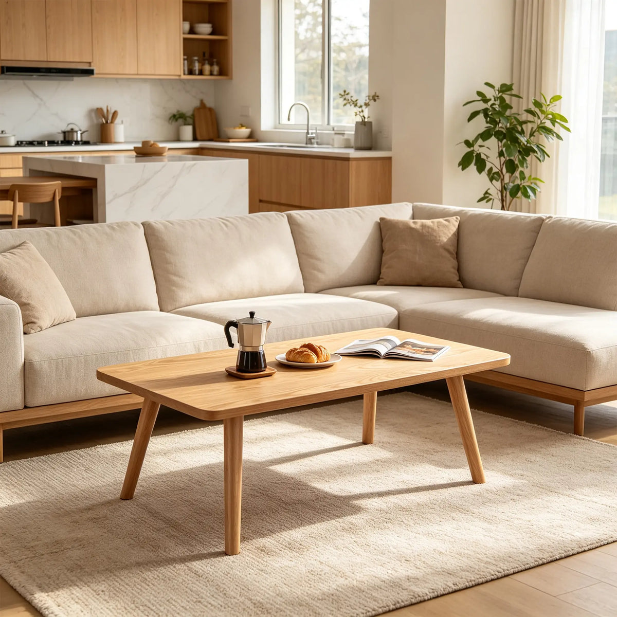 LIVARA Modern Square Coffee Table Sintered Stone Top Thick Solid Wood Legs Outward Splayed Base for Living Room Apartment Lounge