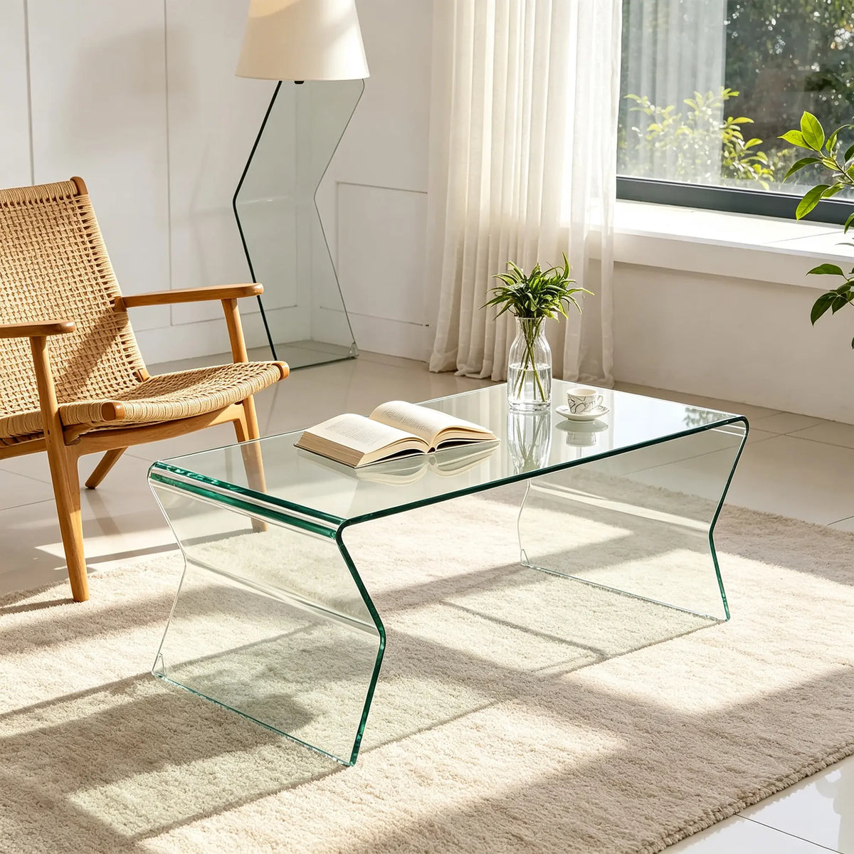 LIVARA Modern Glass Coffee Table 12mm Tempered Glass Integrated Hot Bent Design for Living Room Sofa Area Lounge - White