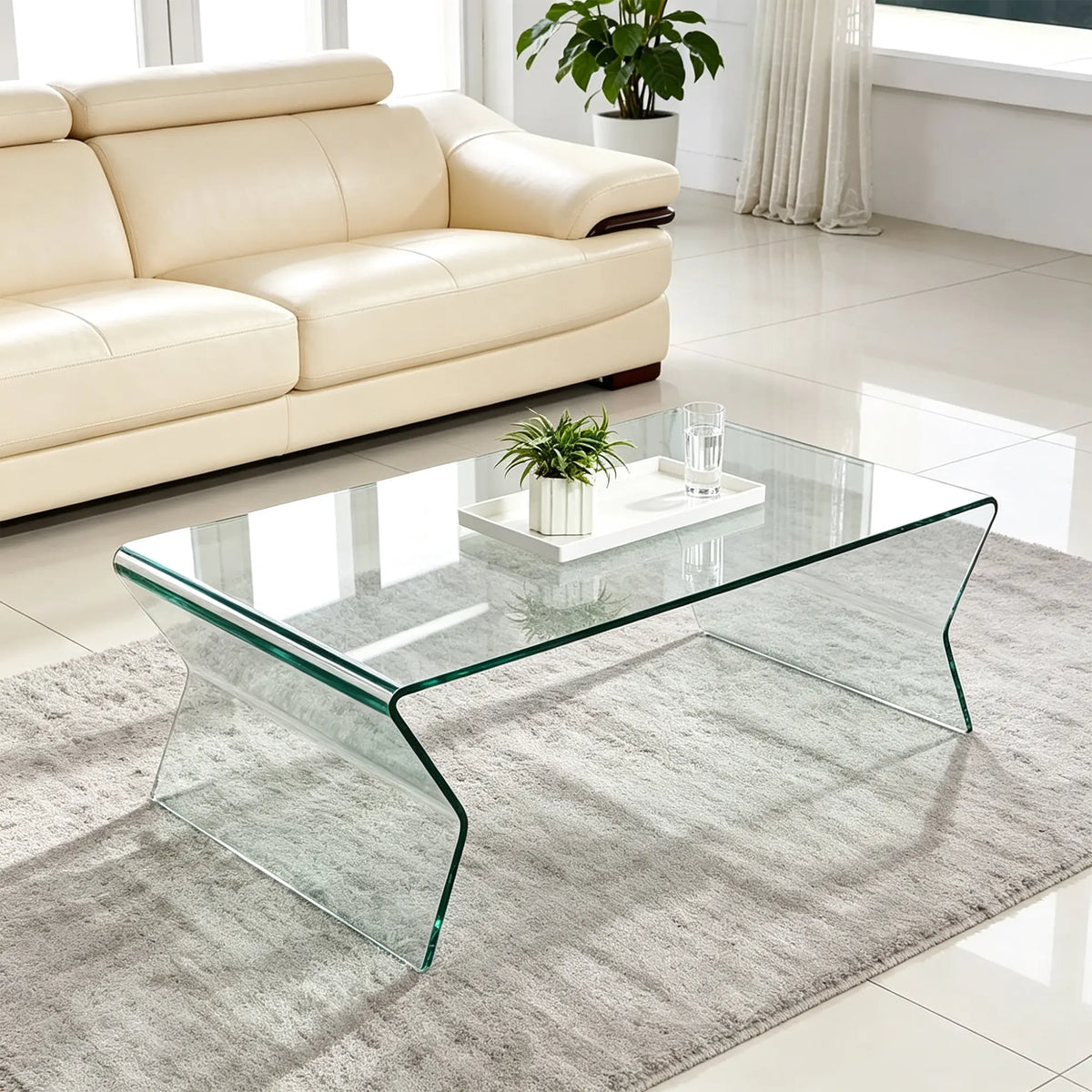 LIVARA Modern Glass Coffee Table 12mm Tempered Glass Integrated Hot Bent Design for Living Room Sofa Area Lounge - White