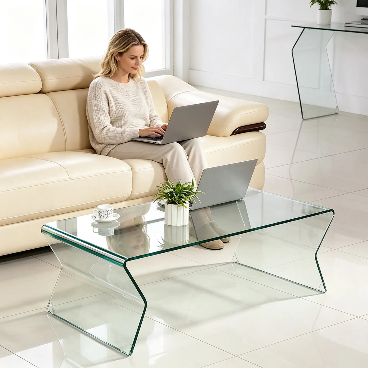 LIVARA Modern Glass Coffee Table 12mm Tempered Glass Integrated Hot Bent Design for Living Room Sofa Area Lounge - White