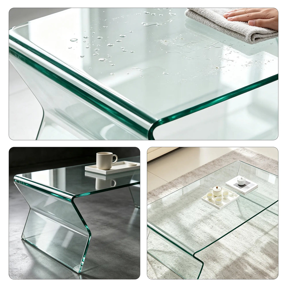 LIVARA Modern Glass Coffee Table 12mm Tempered Glass Integrated Hot Bent Design for Living Room Sofa Area Lounge - White