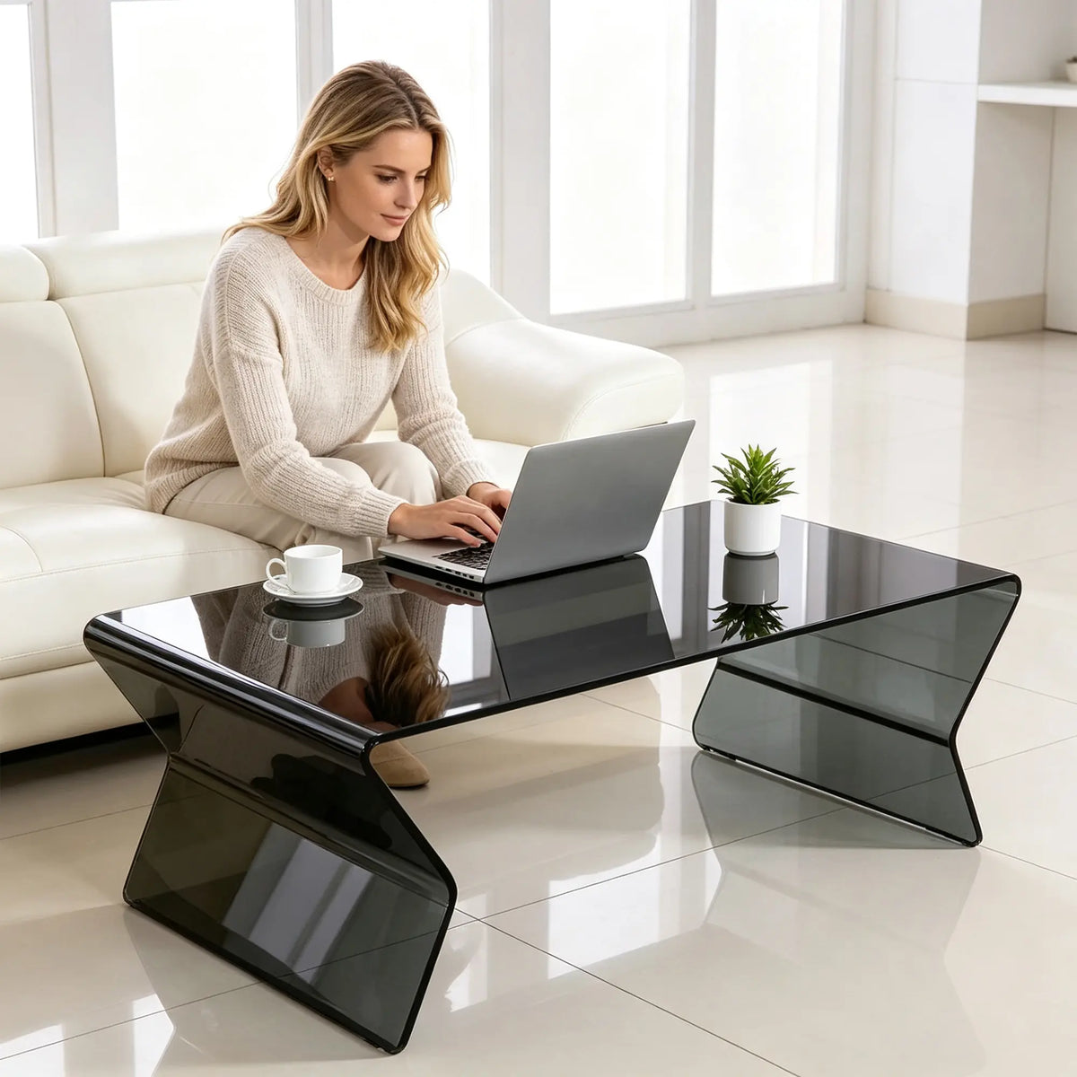 LIVARA Modern Glass Coffee Table 12mm Tempered Glass Integrated Hot Bent Design for Living Room Sofa Area Lounge - Black