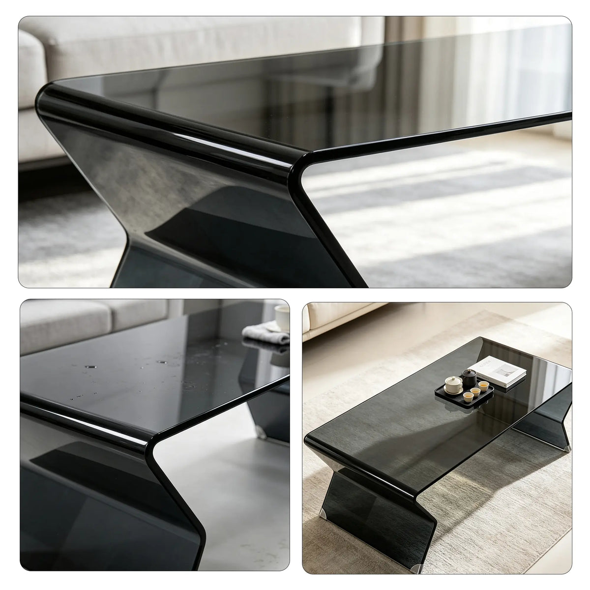 LIVARA Modern Glass Coffee Table 12mm Tempered Glass Integrated Hot Bent Design for Living Room Sofa Area Lounge - Black