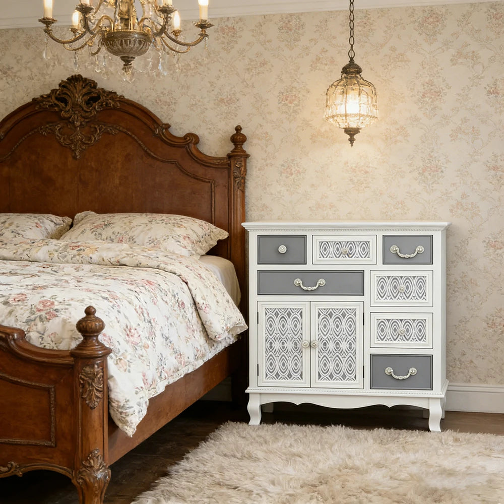 LIVARA Vintage Carved Storage Cabinet Multi Drawer Sideboard Solid Wood MDF Distressed White Grey Decorative Furniture