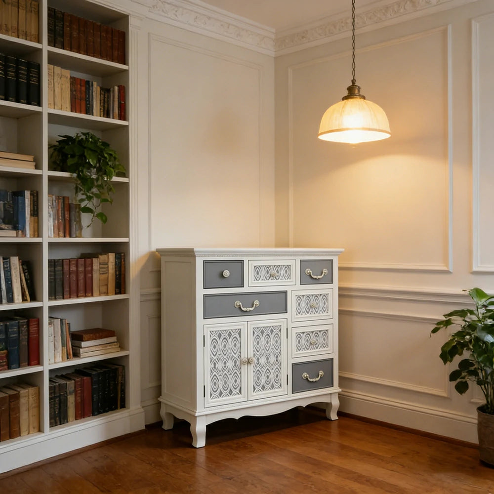 LIVARA Vintage Carved Storage Cabinet Multi Drawer Sideboard Solid Wood MDF Distressed White Grey Decorative Furniture