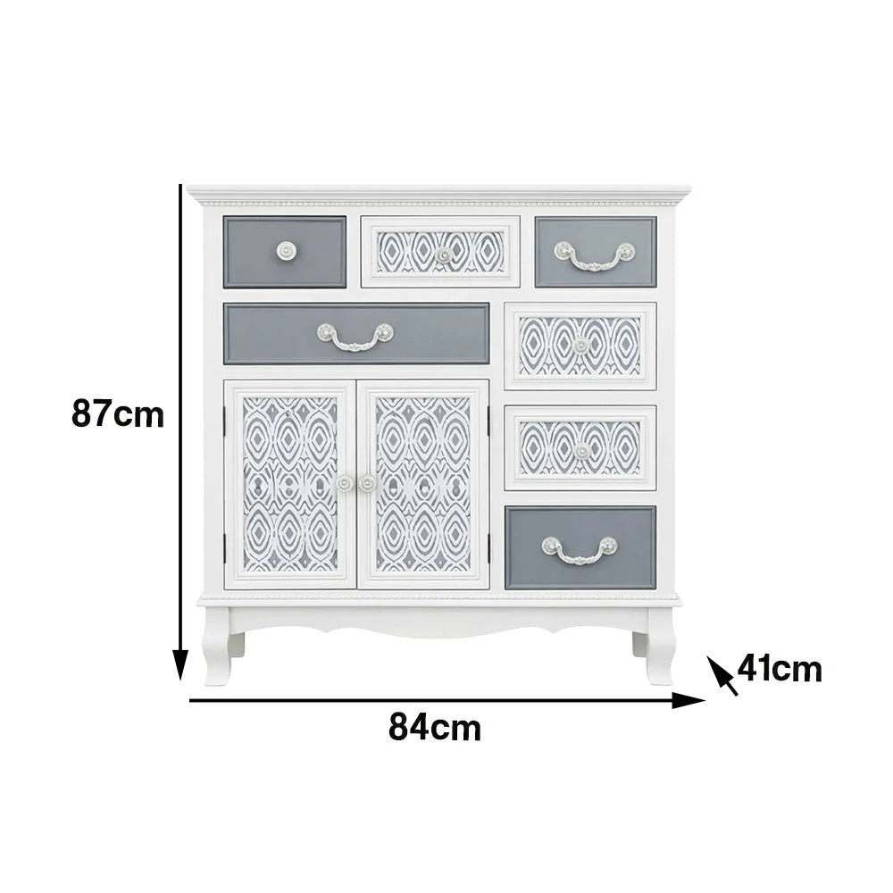 LIVARA Vintage Carved Storage Cabinet Multi Drawer Sideboard Solid Wood MDF Distressed White Grey Decorative Furniture