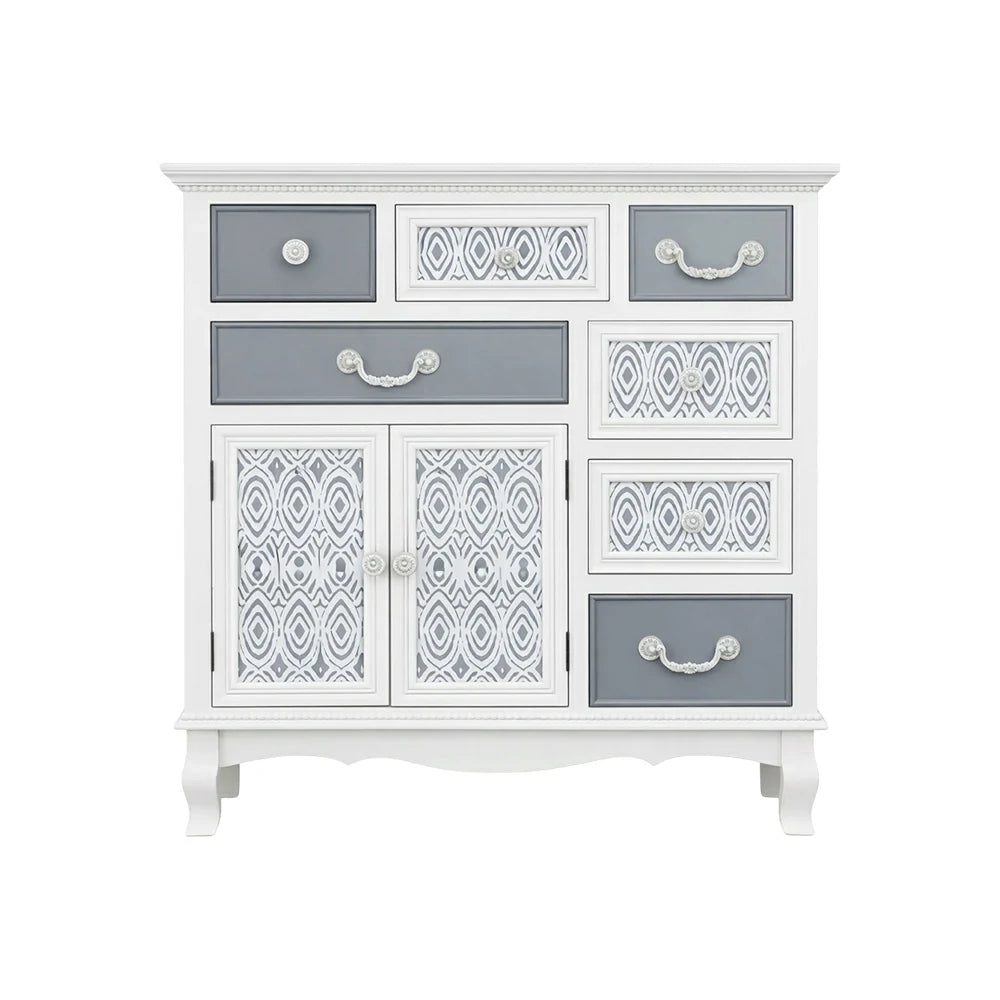 LIVARA Vintage Carved Storage Cabinet Multi Drawer Sideboard Solid Wood MDF Distressed White Grey Decorative Furniture