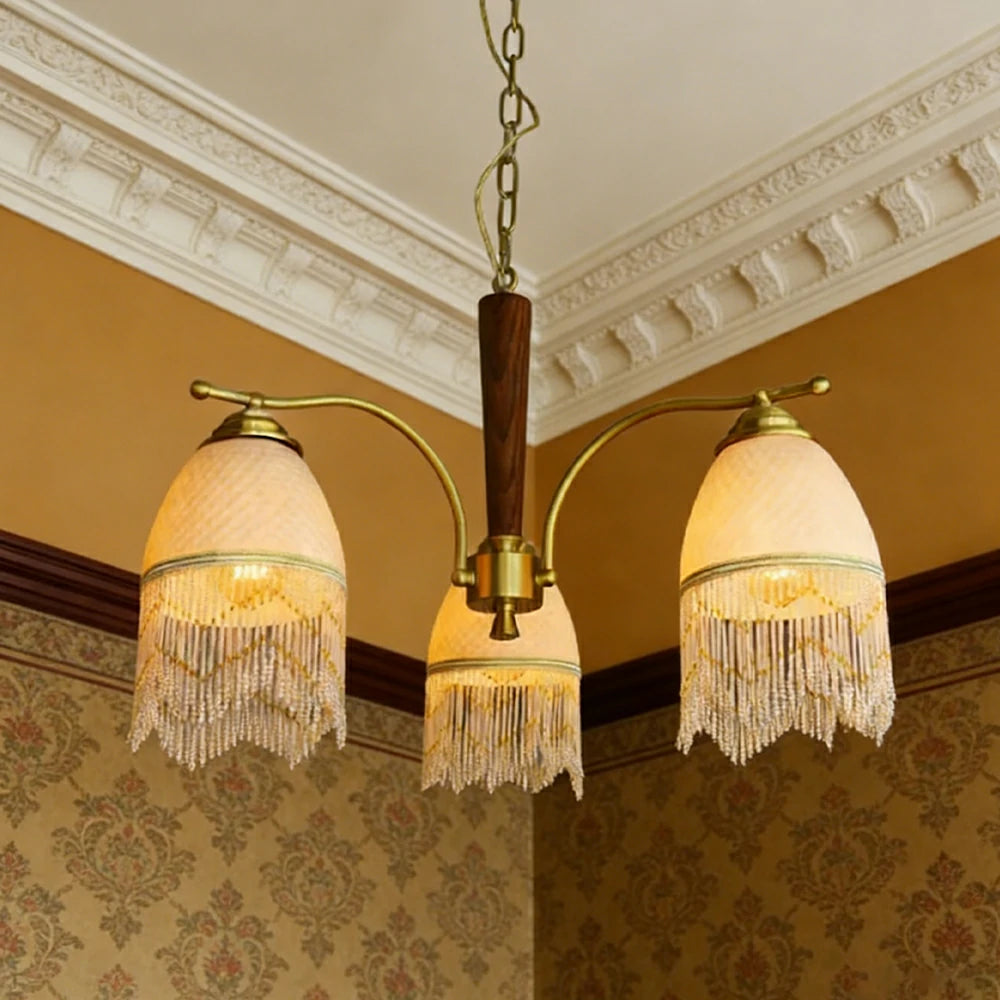 LIVARA Vintage Chandelier 3-Light Tassel Shade E27 6W Warm Light Rubber Wood Frame Elegant Design for Dining Room Living Room Bedroom