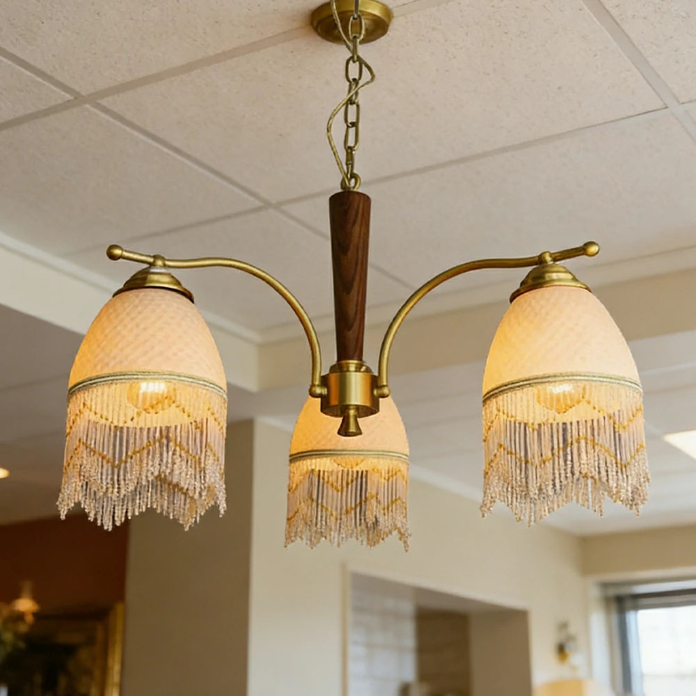 LIVARA Vintage Chandelier 3-Light Tassel Shade E27 6W Warm Light Rubber Wood Frame Elegant Design for Dining Room Living Room Bedroom