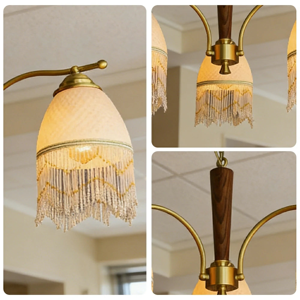 LIVARA Vintage Chandelier 3-Light Tassel Shade E27 6W Warm Light Rubber Wood Frame Elegant Design for Dining Room Living Room Bedroom