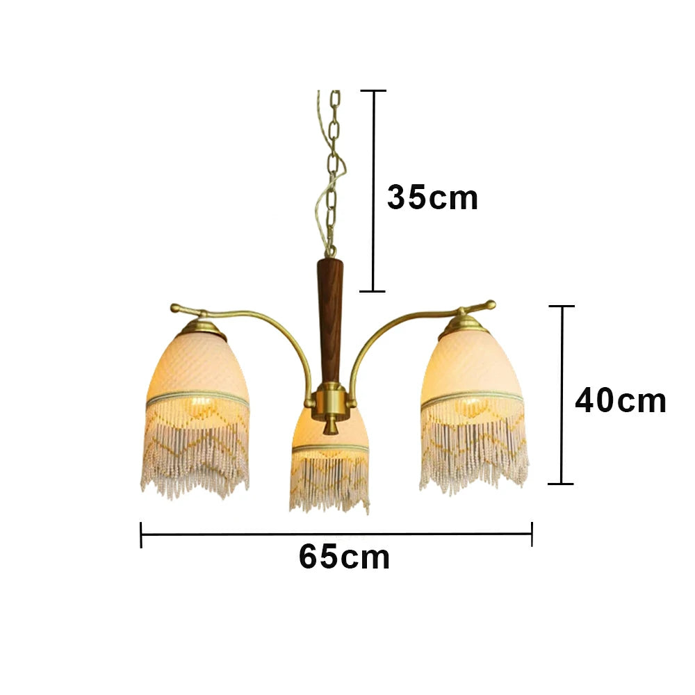LIVARA Vintage Chandelier 3-Light Tassel Shade E27 6W Warm Light Rubber Wood Frame Elegant Design for Dining Room Living Room Bedroom