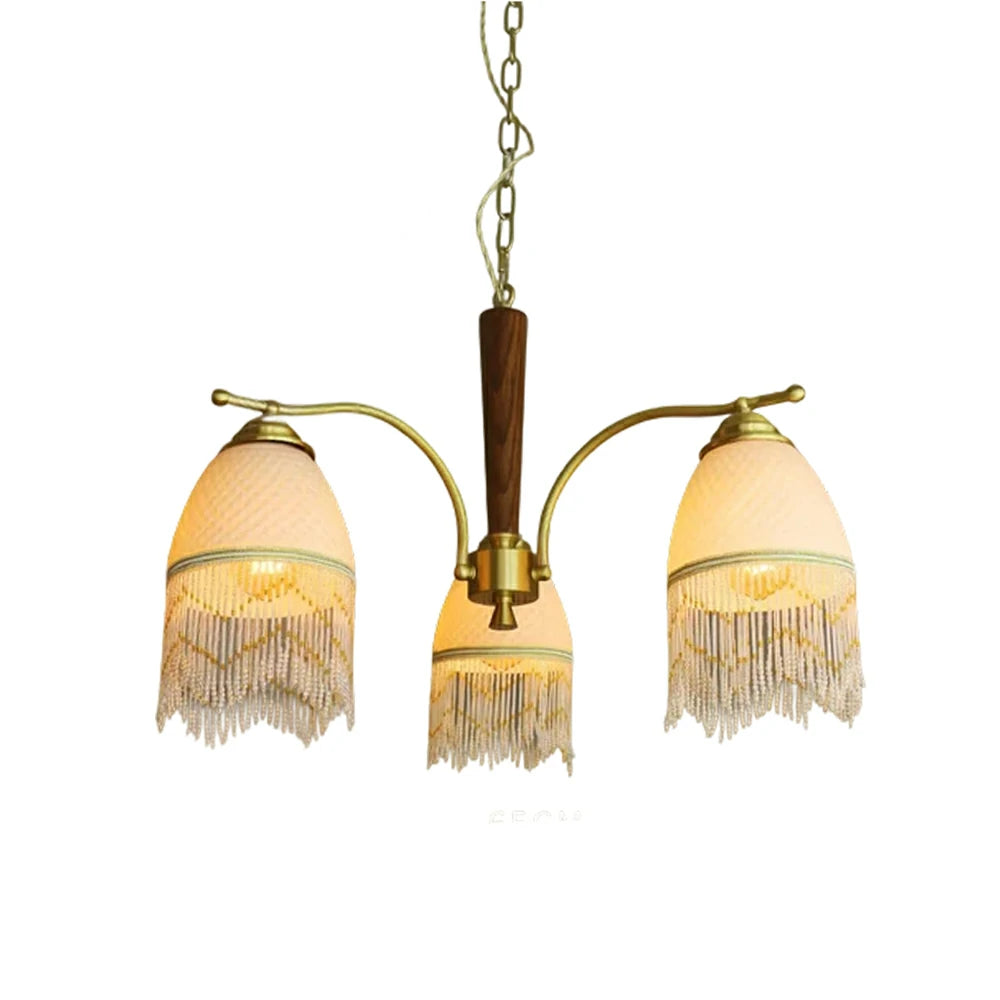 LIVARA Vintage Chandelier 3-Light Tassel Shade E27 6W Warm Light Rubber Wood Frame Elegant Design for Dining Room Living Room Bedroom