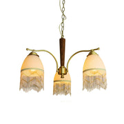 LIVARA Vintage Chandelier 3-Light Tassel Shade E27 6W Warm Light Rubber Wood Frame Elegant Design for Dining Room Living Room Bedroom
