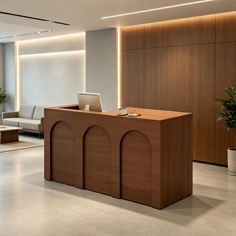 LIVARA 120/180cm French Arch Reception Counter with Lockable Storage for Retail Store and Salon - Walnut Left Raised Counter