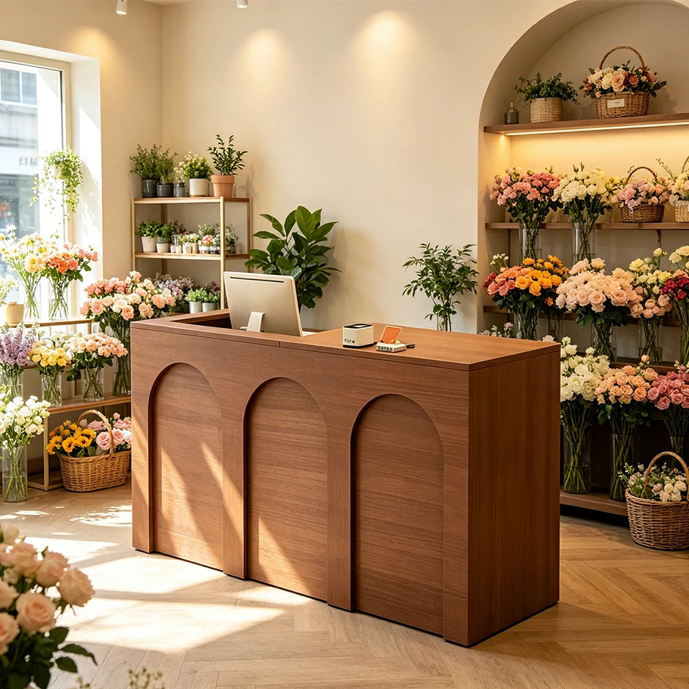 LIVARA 120/180cm French Arch Reception Counter with Lockable Storage for Retail Store and Salon - Walnut Left Raised Counter