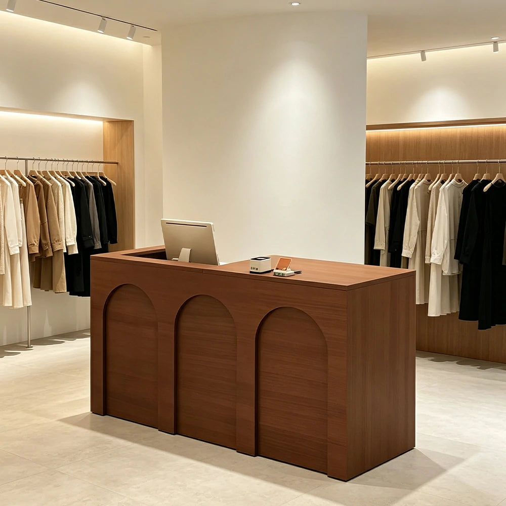 LIVARA 120/180cm French Arch Reception Counter with Lockable Storage for Retail Store and Salon - Walnut Left Raised Counter