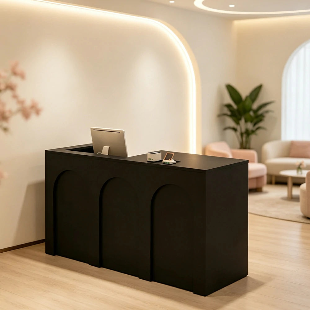 LIVARA 120/180cm French Arch Reception Counter with Lockable Storage for Retail Store and Salon - Black Left Raised Counter