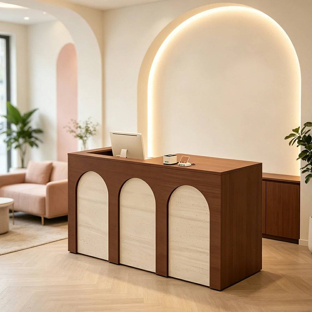 LIVARA 120/180cm French Arch Reception Counter with Lockable Storage for Retail Store and Salon - Walnut & Travertine, Left Raised Counter